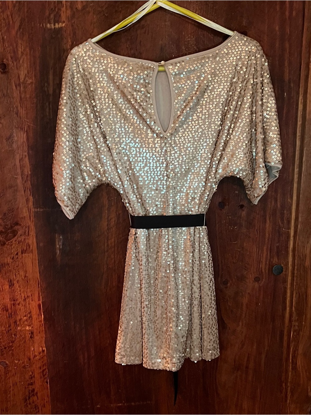Ark & Co Rose Gold Sequin Mini Dress with Black Waist Tie - Picture 2 of 5
